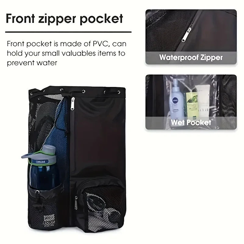 Multipurpose Mesh Drawstring Swim Backpack with Wet Compartment for Beach, Pool, Gym and Workout Equipment