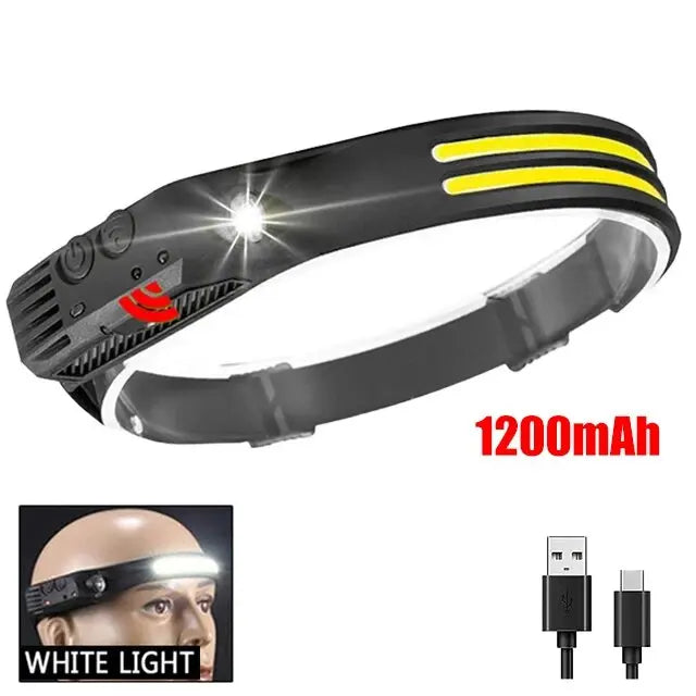 USB Rechargeable COB LED Headlamp with Motion Sensor - Built-in Battery Head Flashlight for Outdoor Camping and Fishing