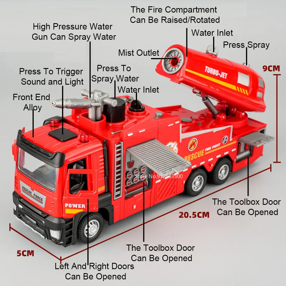 Fire Engine Model Truck 1:32 Scale with Water Spray Function - Ladder Truck Toy with Sound & Light Effects, Pull-Back Action, Opening Doors - Vehicle Collection Gift for Boys
