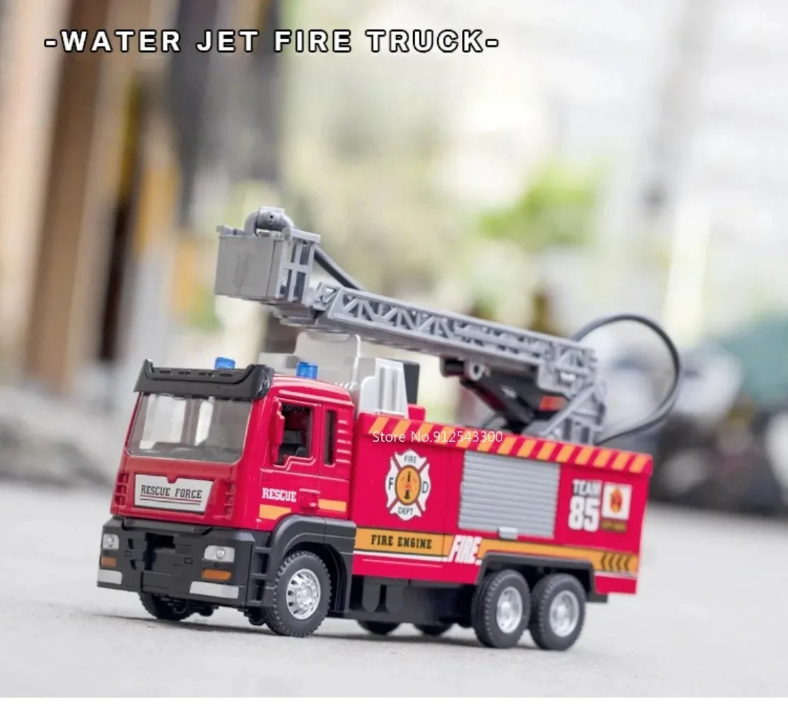 Fire Engine Model Truck 1:32 Scale with Water Spray Function - Ladder Truck Toy with Sound & Light Effects, Pull-Back Action, Opening Doors - Vehicle Collection Gift for Boys