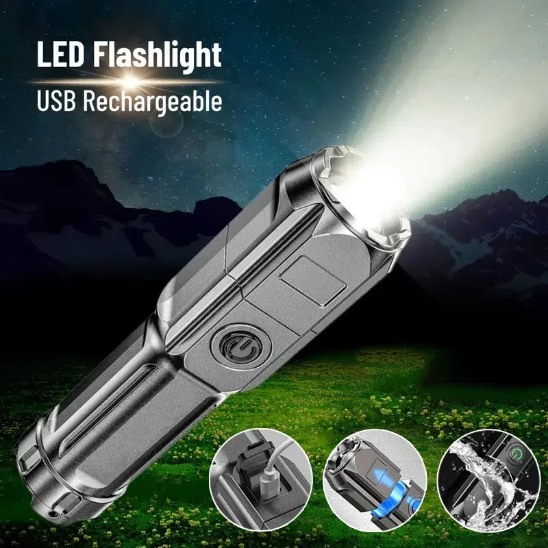 Powerful LED Flashlight Telescopic Zoom Tactical Torch USB Charging Spotlight 4 Lighting Mode Long-Range Outdoor Flashlight