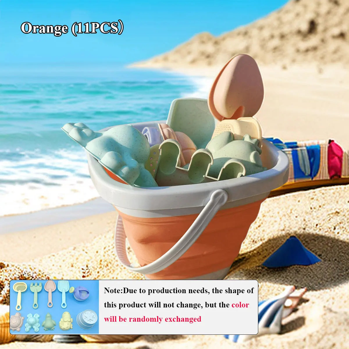 Children's Beach Sand & Water Play Set - 11 Piece Collapsible Bucket Kit with Summer Outdoor Toys for Kids Sandbox Games (Random Color Selection)