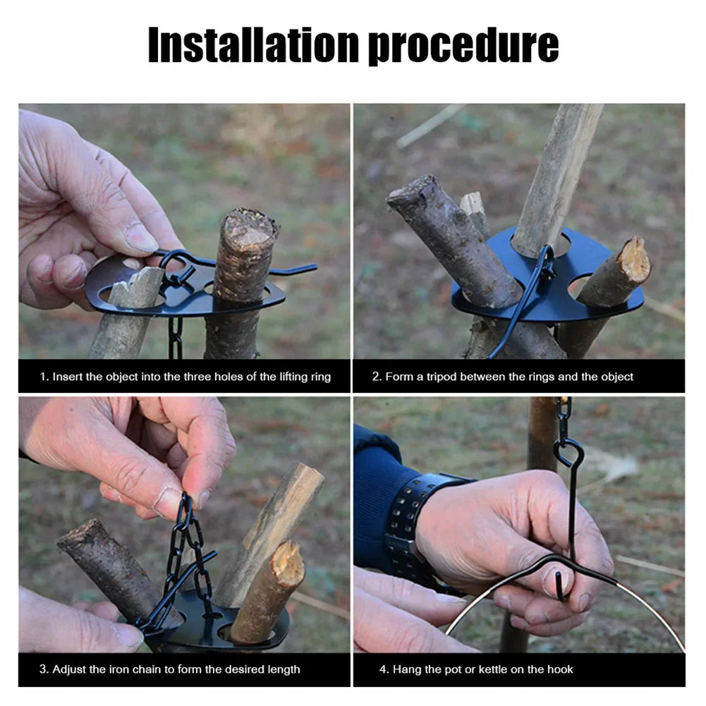Detachable Outdoor BBQ Tripod with Hanging Rack - Portable Camping Cooking Equipment Set