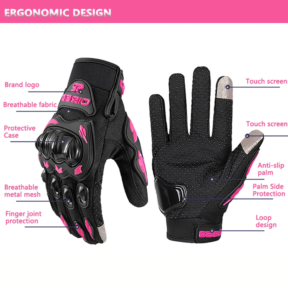 Women's Pink Breathable Motorcycle Gloves - Anti-Fall Touch Screen Motocross Riding Gloves