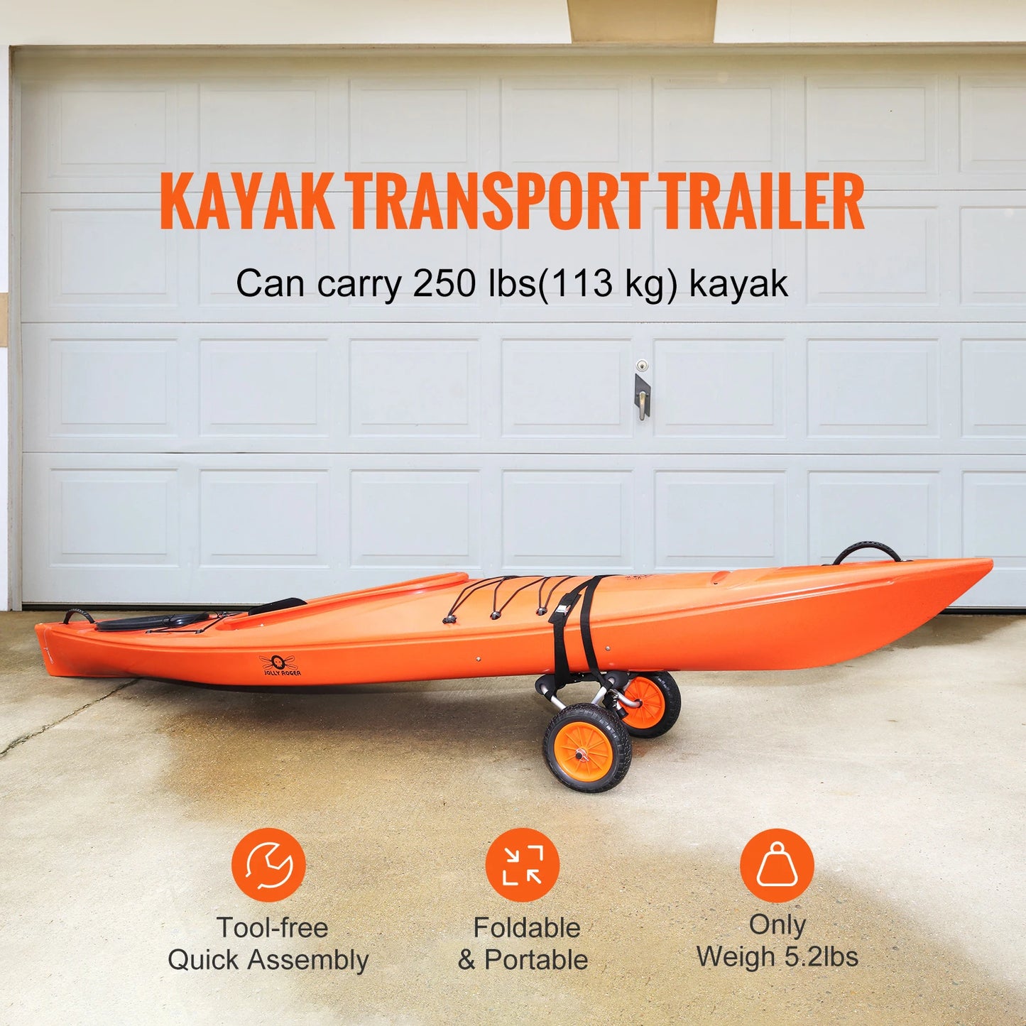 Foldable Kayak Transport Cart - 250lb Capacity with 10-Inch Tires & Support Foot for Canoes, Paddleboards, Float Mats & Jon Boats