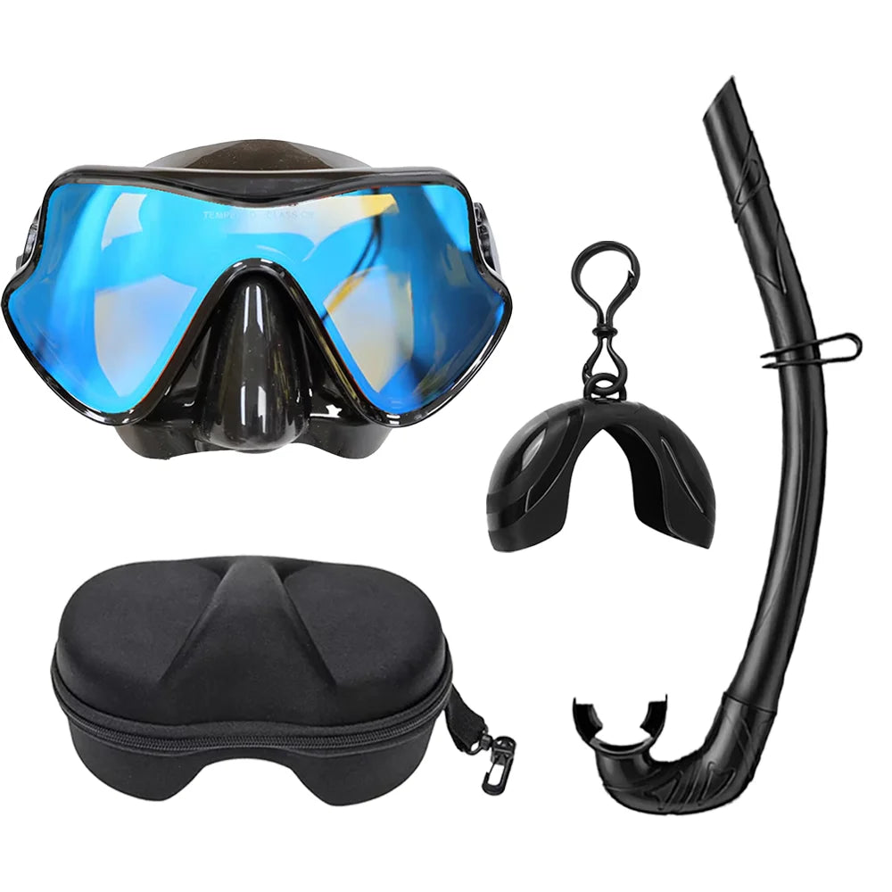 Professional Snorkeling Mask Set Tempered Glass Diving Goggles Foldable Dry Snorkel Tube Travel Case Anti-Fog Silicone