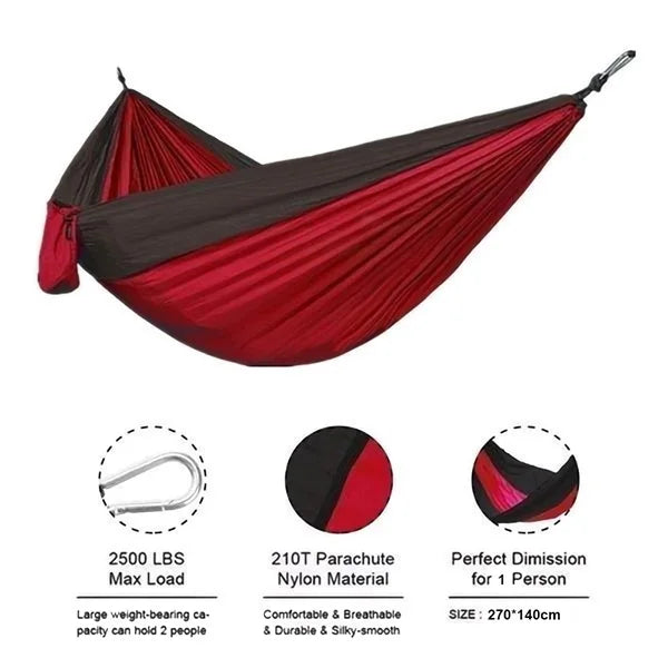 Portable Nylon Camping Hammock - High Strength Parachute Fabric Hanging Bed for Single Person Outdoor Use