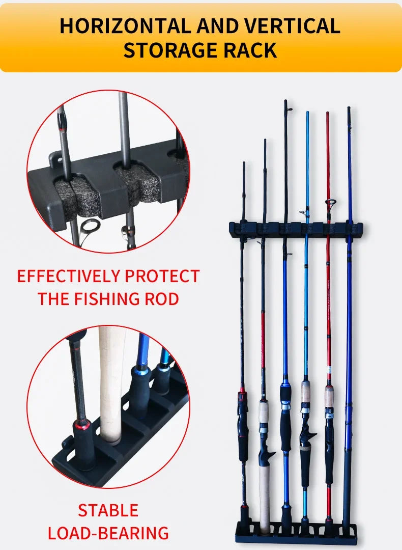 6-Hole Wall-Mounted Fishing Rod Holder - Vertical & Horizontal Display Rack