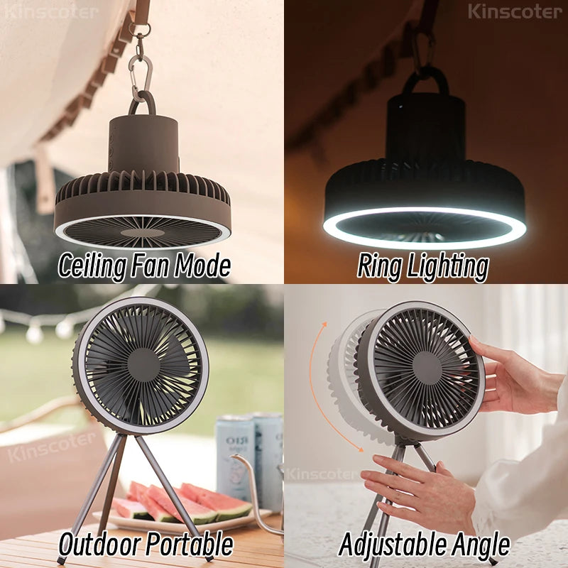 Rechargeable Camping Fan - 10000mAh Power Bank with LED Lighting | Portable Desktop & Wireless Ceiling Electric Circulator Fan