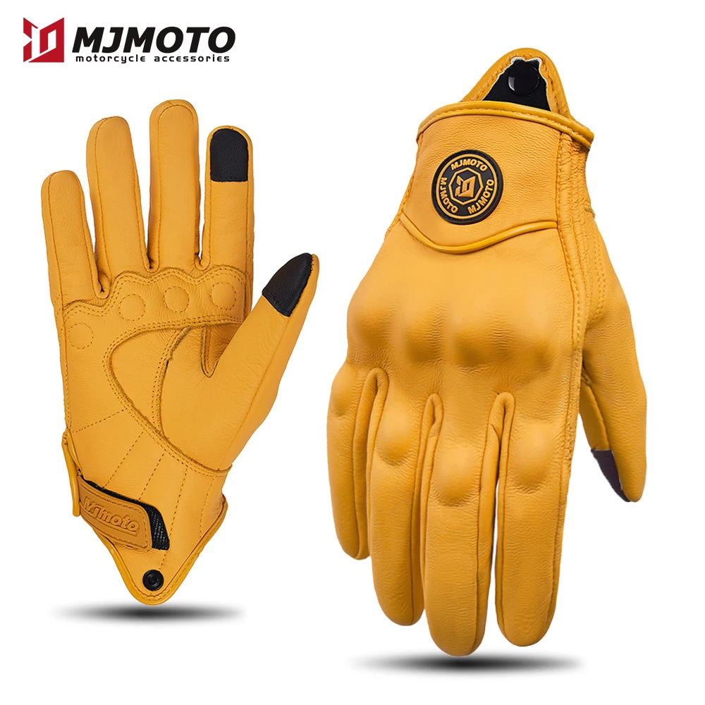 Breathable Perforated Leather Motorcycle Gloves - Retro Yellow Racing Gloves with Touch Screen for Men & Women - Motocross Motorbike Riding Gear