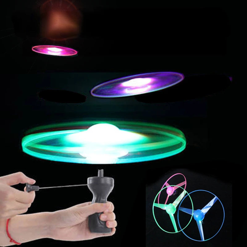 Kid's Sports Pull-Line Saucer Toys - Children's Outdoor Fun - Rotating Flying Toy with LED Light