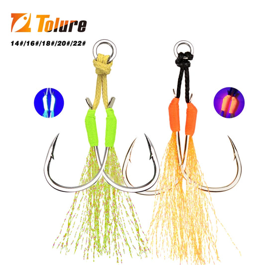 TOLU Metal Jigging Assist Hooks Set - 10 Pieces, Size 13-22#, PE Line with Feather, Solid Ring, UV Enhanced for 10-120g Lures