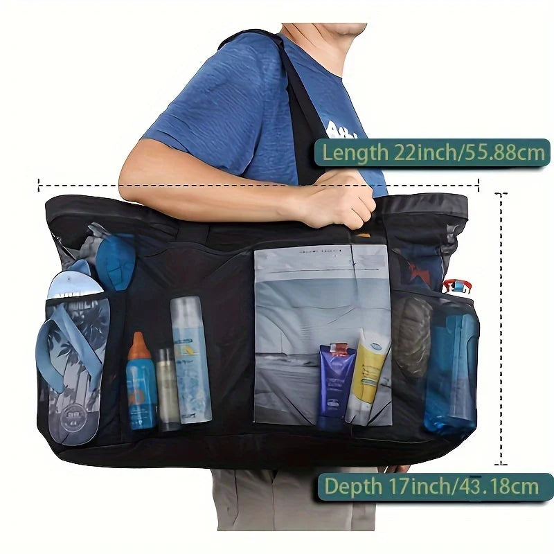 Premium Oversized Beach Tote - Ultra-Light, Waterproof Design with Foldable Structure, Mesh Carrying Straps, Secure Zippered Compartments & Reinforced Shoulder Handles