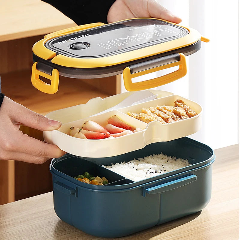 Portable Double-Layer Lunch Box with Compartments - Microwave Safe Food Container with Fork & Spoon Set for Picnic and Fresh Food Storage
