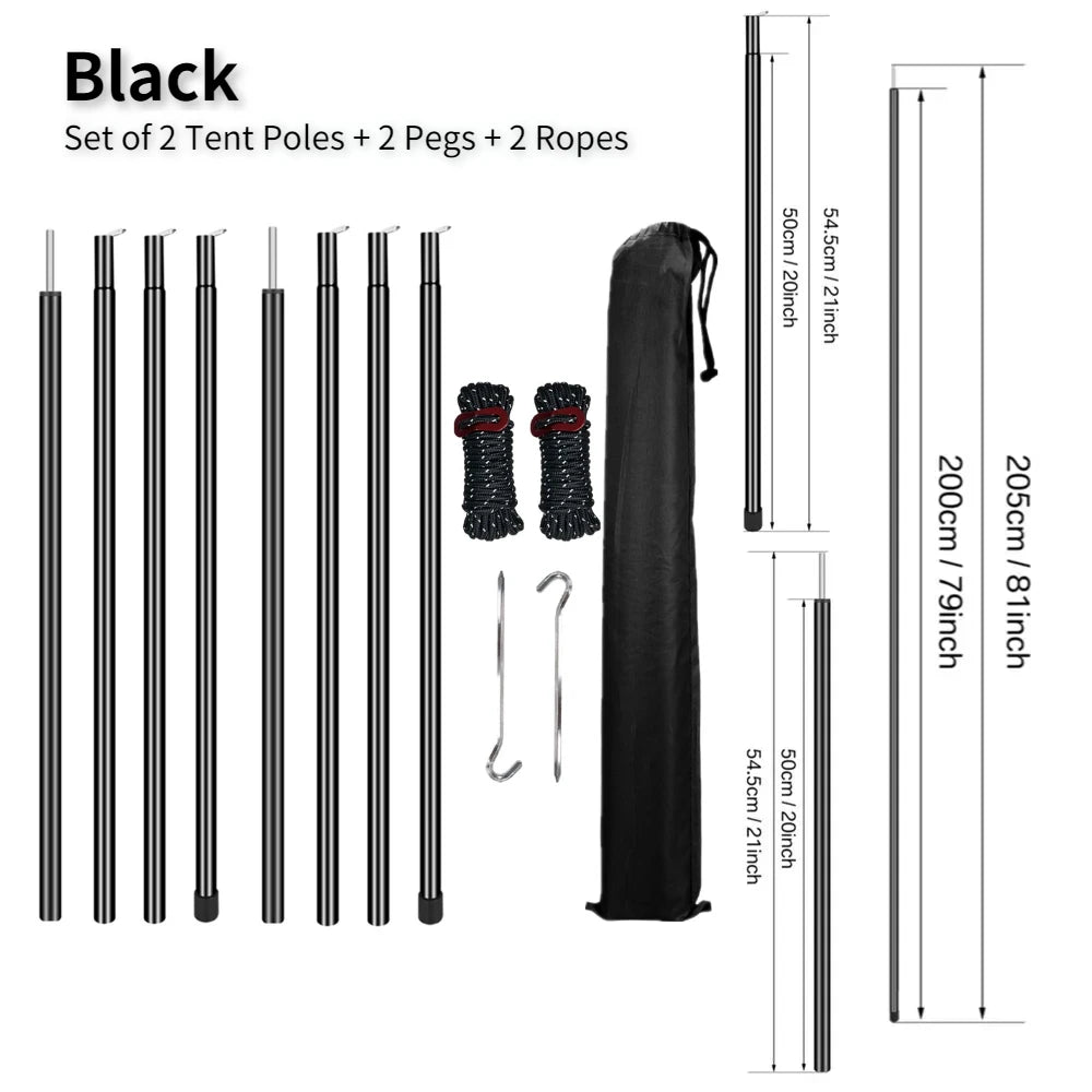 Set of 2 Tent Poles Adjustable Tarp Poles Steel Rods for Sun Shelter Tarp Canopy Camping Replacement With Pegs & Ropes