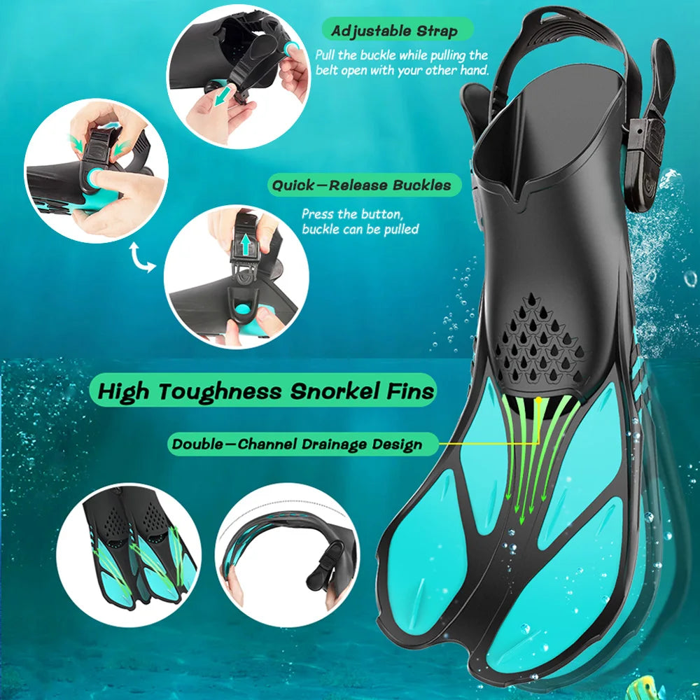 Adjustable Open Heel Swimming Fins - Short Silicone Diving Flippers with Quick-Release Buckles for Adult Men & Women Travel Size