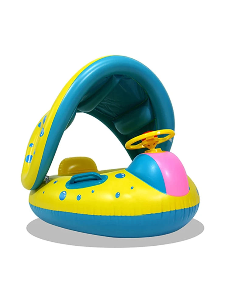 Yellow Inflatable Baby Swimming Pool Float - 1 Piece Sunshade Seat Ring with Steering Wheel