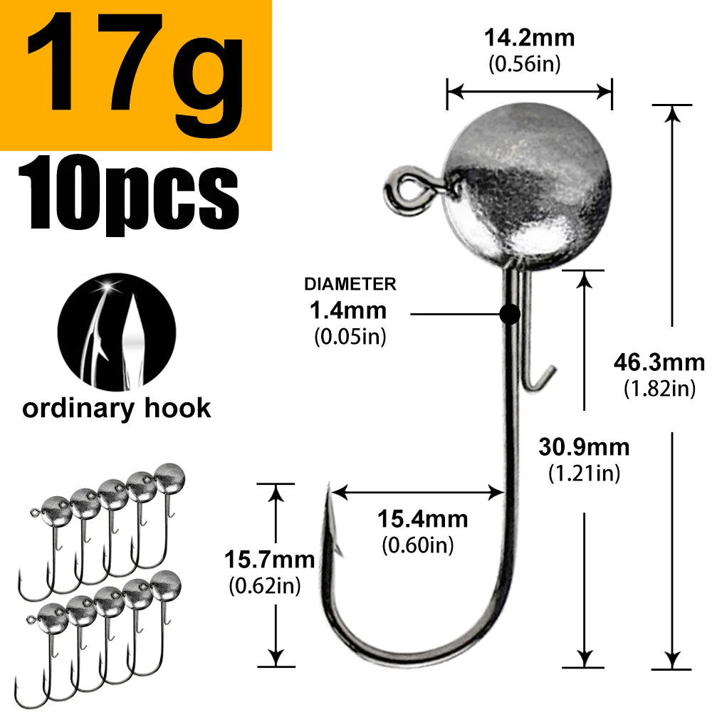 Round Head Jig Hooks for Soft Lure Fishing - Multi-Weight Pack (1g, 2g, 3g, 4g to 20g) - Premium Worm Bait Jigging Hooks for Crank Fishing
