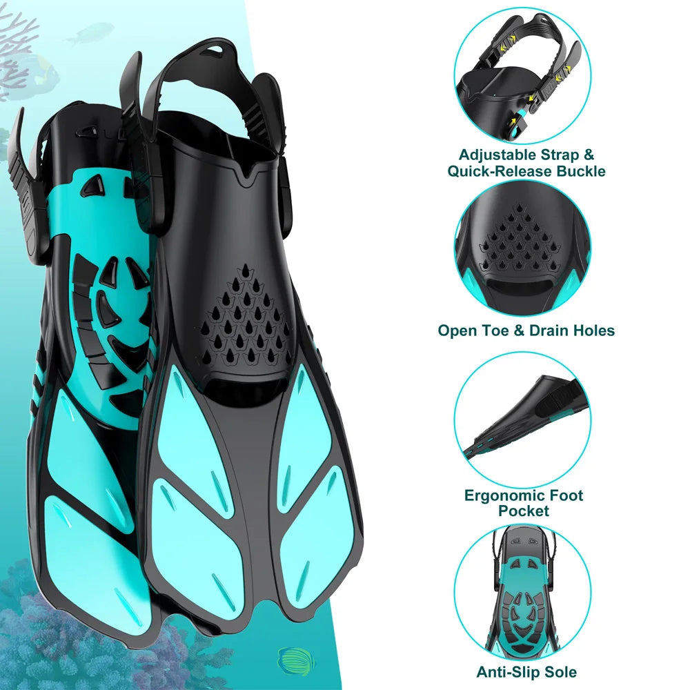 Adjustable Open Heel Swimming Fins - Short Silicone Diving Flippers with Quick-Release Buckles for Adult Men & Women Travel Size