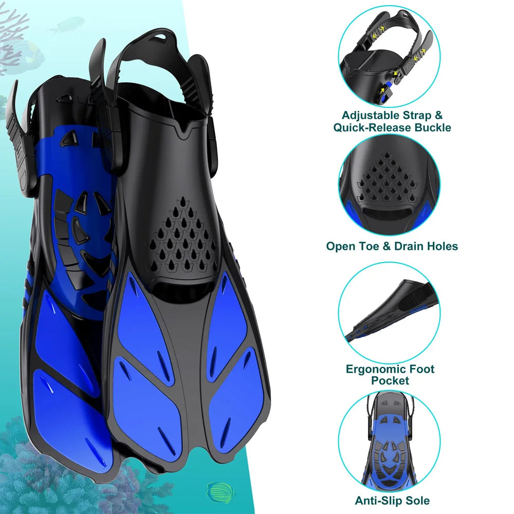 Adjustable Open Heel Swimming Fins - Short Silicone Diving Flippers with Quick-Release Buckles for Adult Men & Women Travel Size