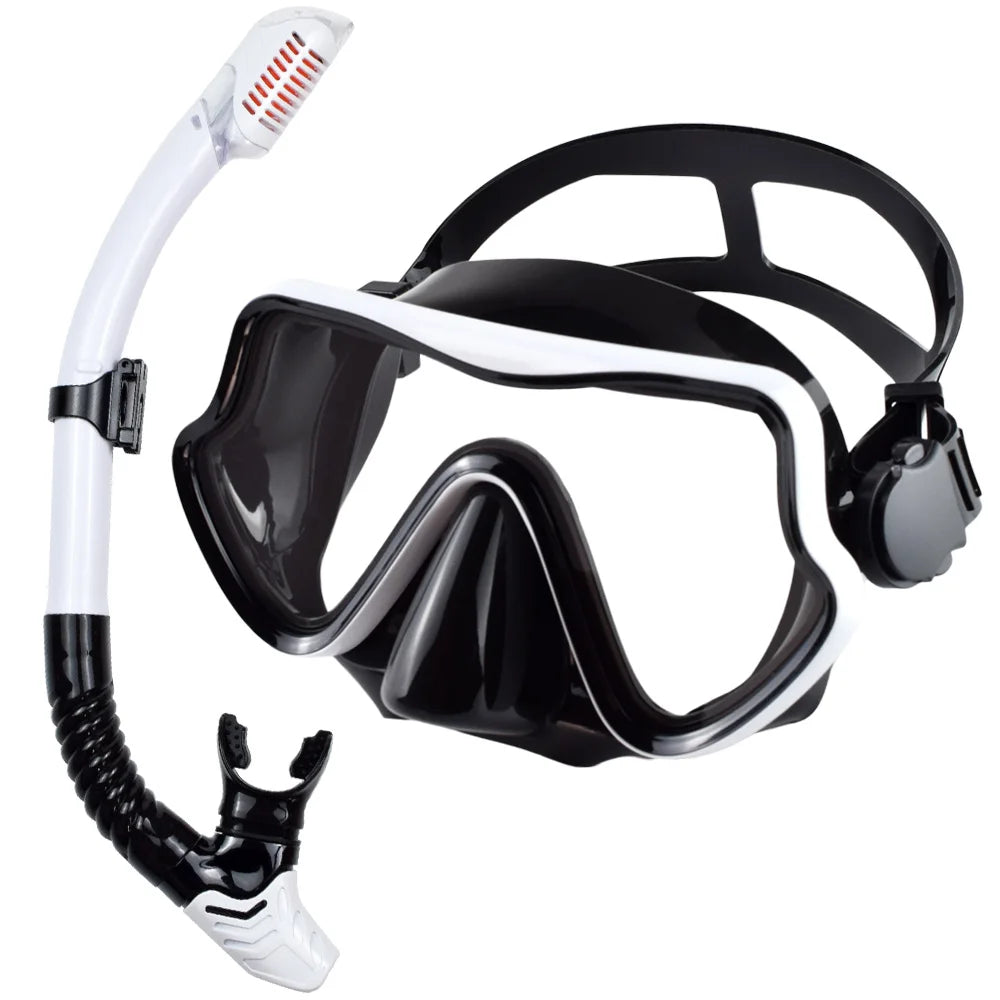 Professional Adult Diving Mask & Snorkel Kit - Tempered Glass Panoramic Swimming Goggles with Training Snorkel Gear