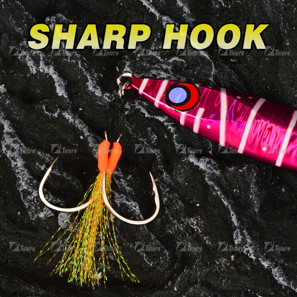 TOLU Metal Jigging Assist Hooks Set - 10 Pieces, Size 13-22#, PE Line with Feather, Solid Ring, UV Enhanced for 10-120g Lures