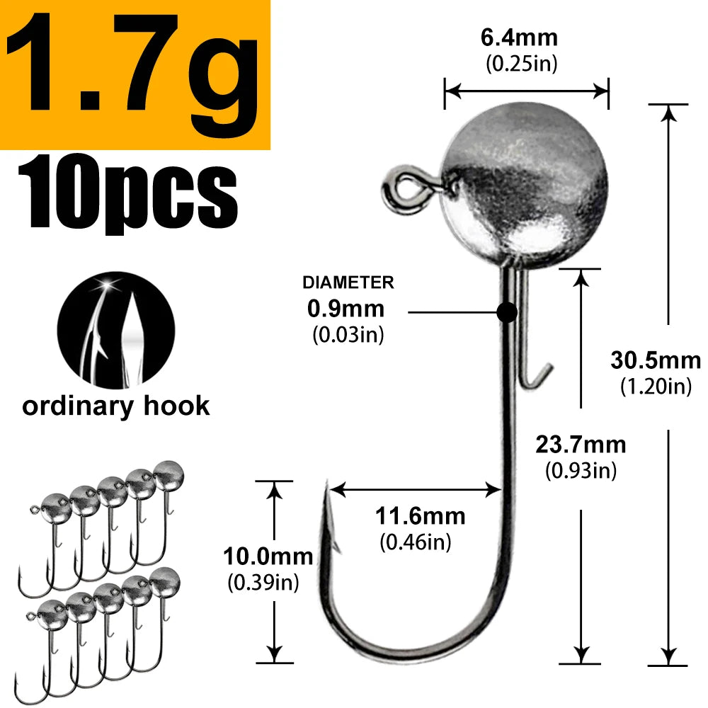 Round Head Jig Hooks for Soft Lure Fishing - Multi-Weight Pack (1g, 2g, 3g, 4g to 20g) - Premium Worm Bait Jigging Hooks for Crank Fishing
