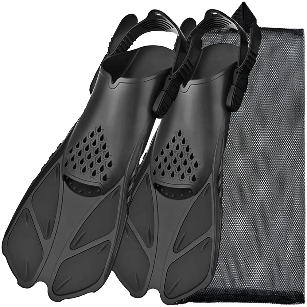 Adjustable Open Heel Swimming Fins - Short Silicone Diving Flippers with Quick-Release Buckles for Adult Men & Women Travel Size