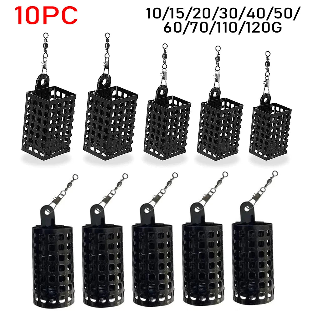 10-Pack Stainless Steel Fishing Bait Feeder Cages - Round & Square Lure Basket Tackle Set