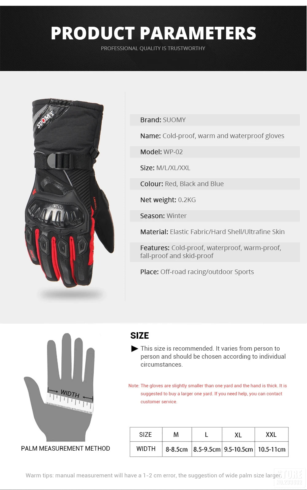 Winter Motorcycle Gloves - Windproof Waterproof Touch Screen Motocross Riding Gloves for Men