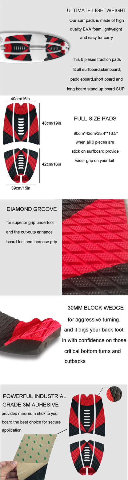 Premium EVA Surfboard Traction Pads - 6 Piece Set