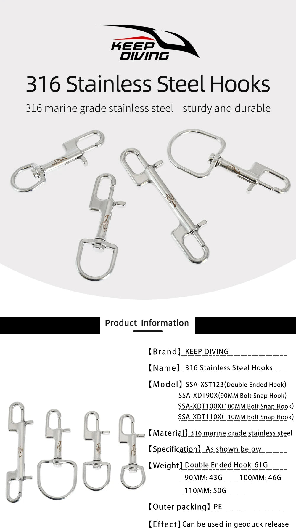 316 Stainless Steel Double-Ended Bolt Snap Hook - 80/90/100/110MM - Scuba Diving BCD Accessories