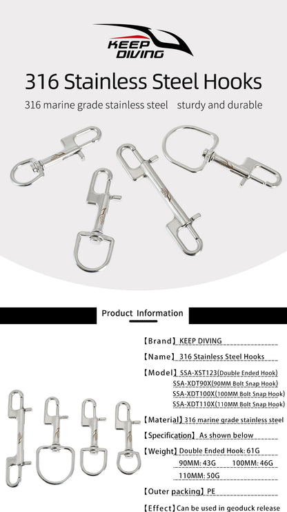 316 Stainless Steel Double-Ended Bolt Snap Hook - 80/90/100/110MM - Scuba Diving BCD Accessories