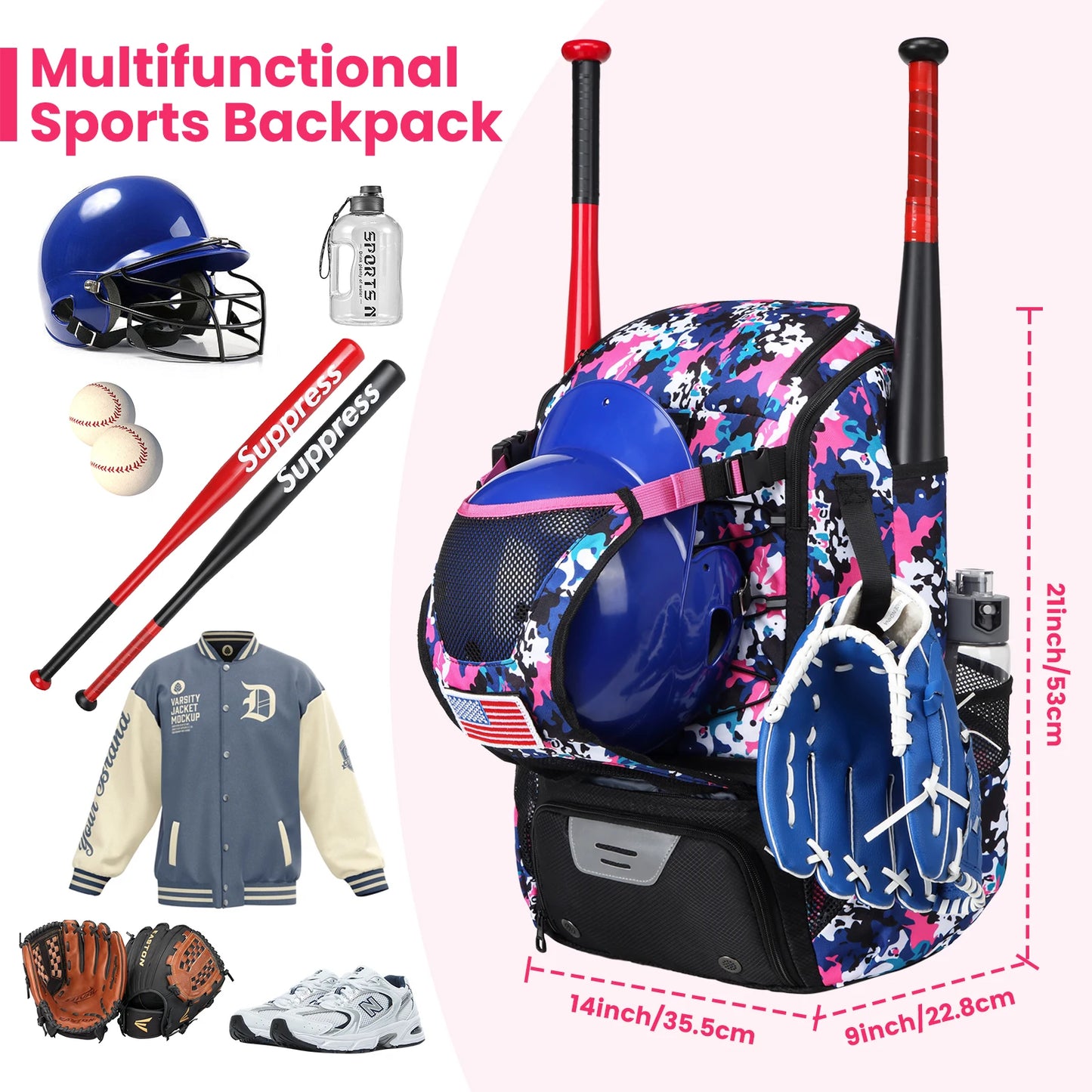 Youth Baseball Softball Backpack - Large Capacity Equipment Bag with Shoe Compartment