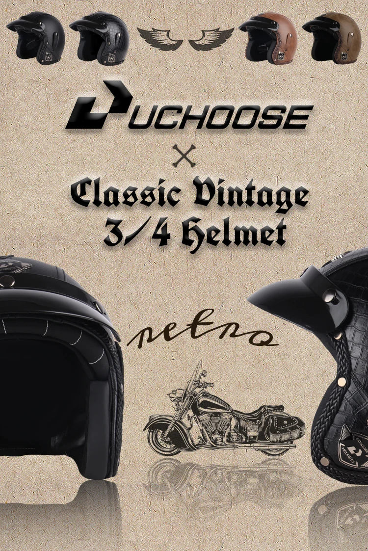 Retro Open Face 3/4 Motorcycle Helmet - Classic PU Leather Chopper & Bicycle Helmet (Vintage Style)