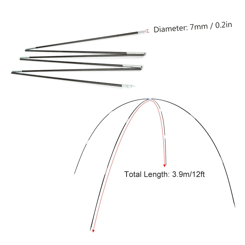 Glass Fiber Tent Arc Poles Replacement - 12-Piece Set (1 Pair) for Camping Tents (3.26m/3.4m/3.9m Options)