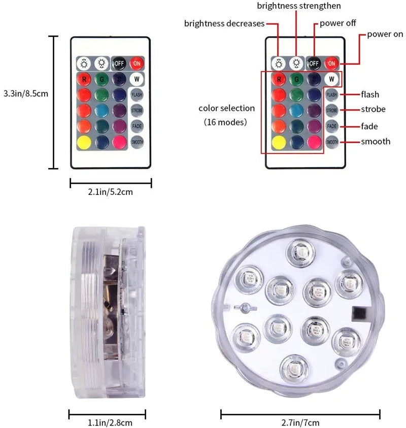 RGB LED Underwater Light - 10 LED Battery Powered Submersible Night Lamp for Swimming Pools, Gardens, Weddings & Party Decorations