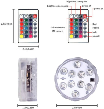 RGB LED Underwater Light - 10 LED Battery Powered Submersible Night Lamp for Swimming Pools, Gardens, Weddings & Party Decorations
