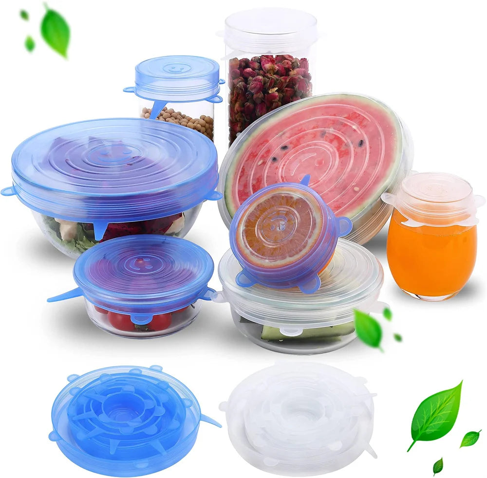 Universal Silicone Food Storage Lids - 6 Piece Set of Reusable Airtight Stretch Covers for Round Dishes & Kitchen Containers