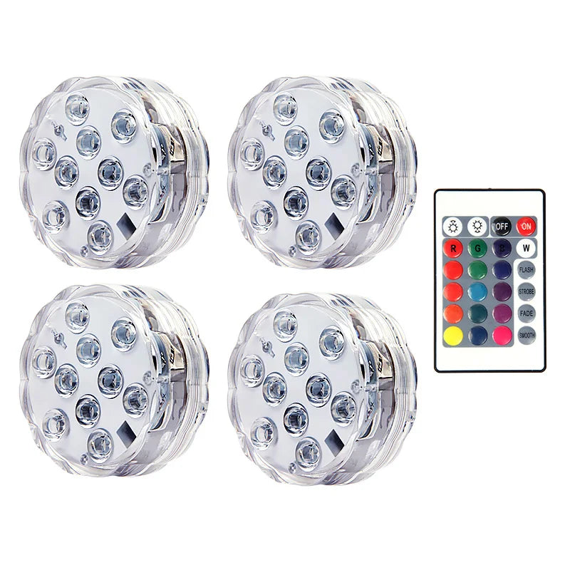 RGB LED Underwater Light - 10 LED Battery Powered Submersible Night Lamp for Swimming Pools, Gardens, Weddings & Party Decorations
