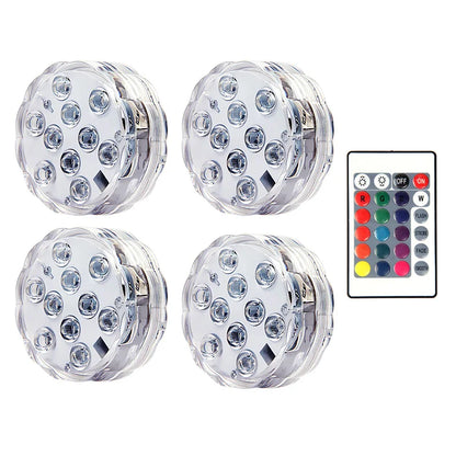 RGB LED Underwater Light - 10 LED Battery Powered Submersible Night Lamp for Swimming Pools, Gardens, Weddings & Party Decorations