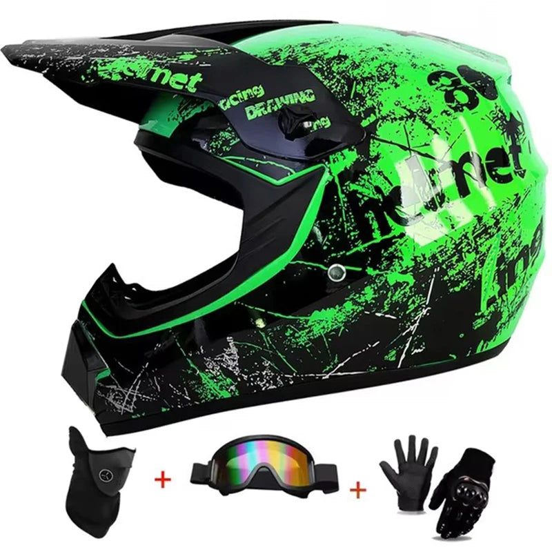 Kids Motocross Helmet Kit - DOT/ECE Certified Full-Face Helmet with Goggles & Gloves (Youth Off-Road Protection Set)