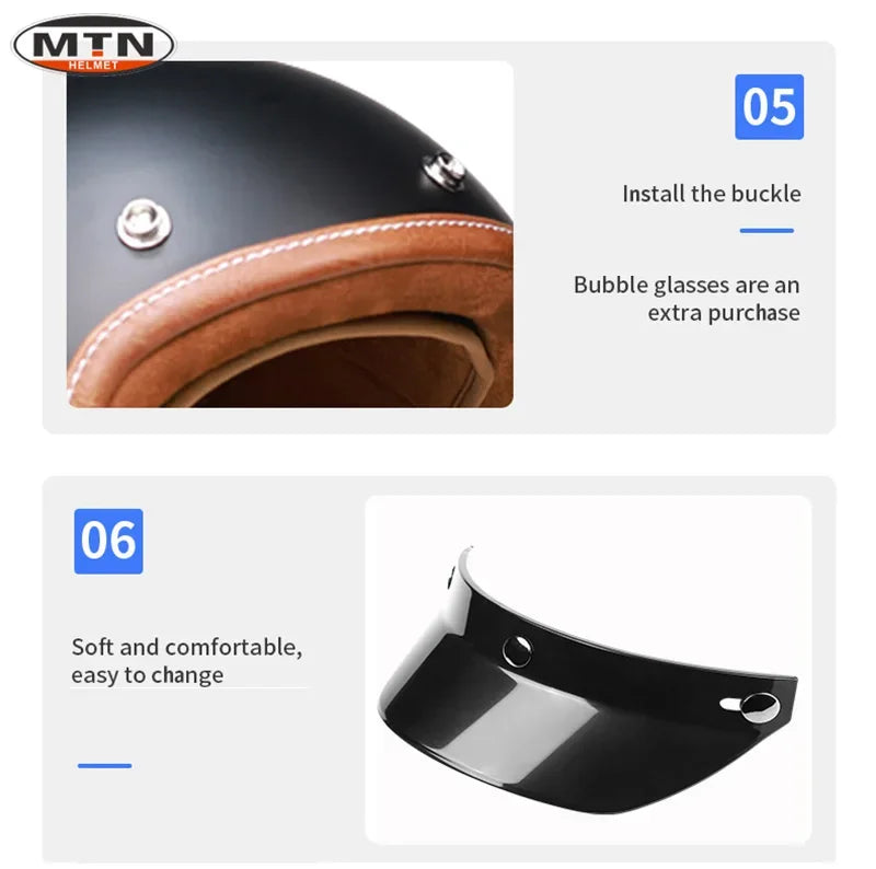 Vintage 3/4 Jet Motorcycle Helmet - DOT Certified Synthetic Leather Open Face Helmet with Mask