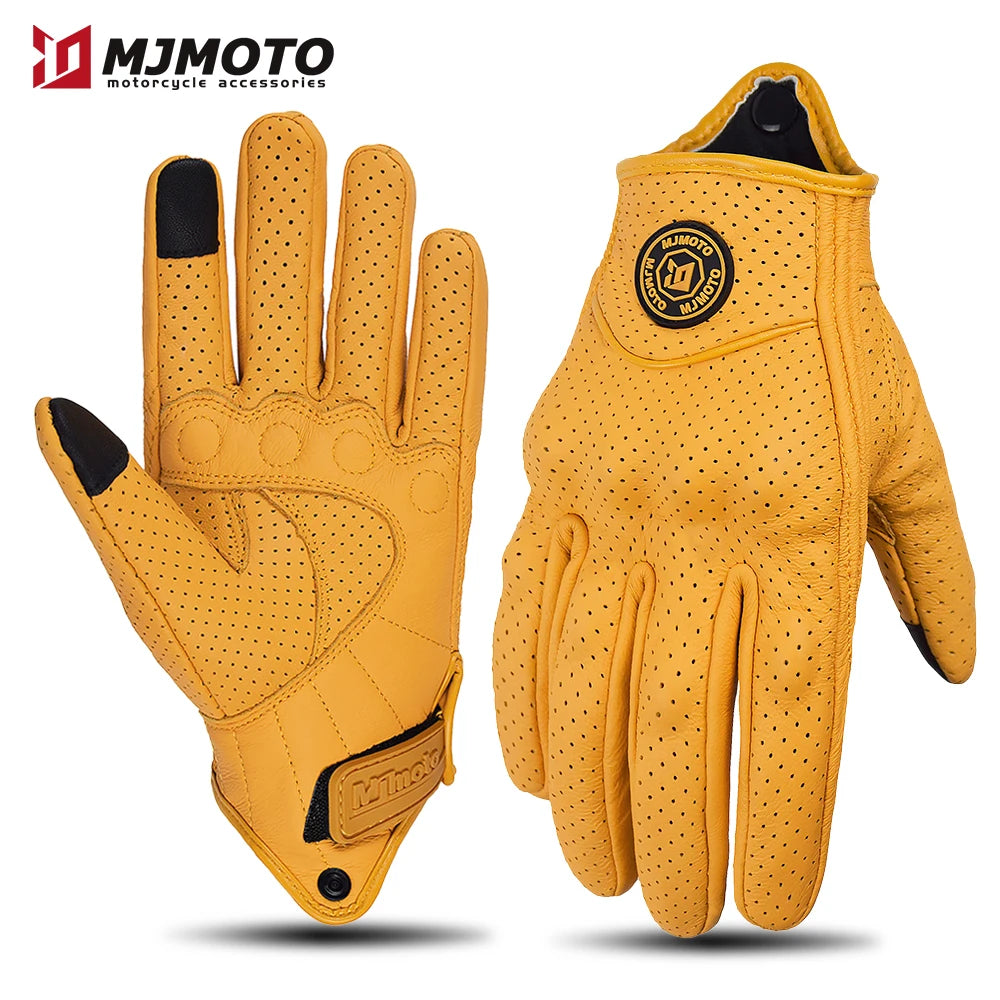 Breathable Perforated Leather Motorcycle Gloves - Retro Yellow Racing Gloves with Touch Screen for Men & Women - Motocross Motorbike Riding Gear