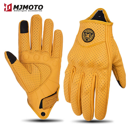 Breathable Perforated Leather Motorcycle Gloves - Retro Yellow Racing Gloves with Touch Screen for Men & Women - Motocross Motorbike Riding Gear