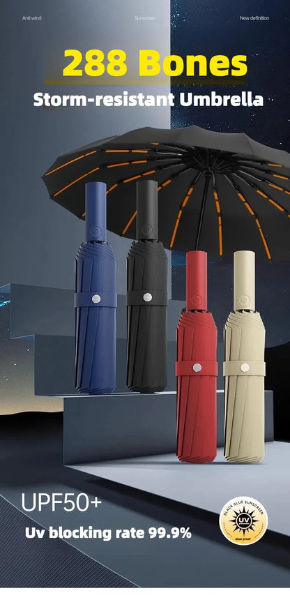 Stormproof Automatic Folding Umbrella - 288-Rib Reinforced Windproof Rain & Sun Umbrella with UPF50+ UV Protection (Men's Large)
