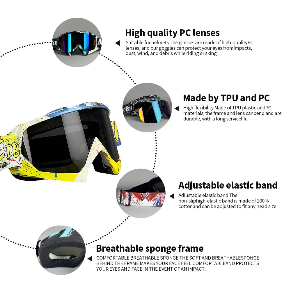 Premium UV400 Motocross Goggles - Dustproof ATV Dirt Bike Racing Glasses for Men, Women, Youth & Kids | MX Skiing Eyewear