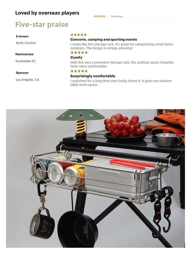 Folding Aluminum Table Extension Rack - IGT Compatible Hanging Mesh Storage Basket with Side Bracket for Outdoor Tables