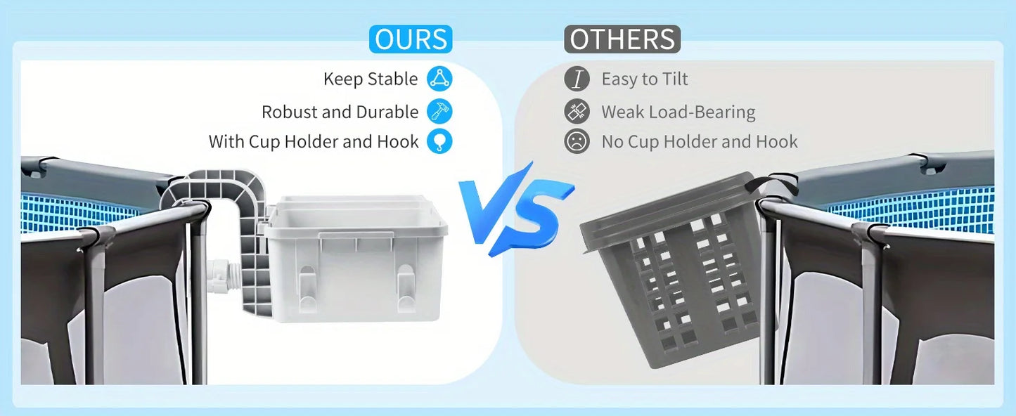 Premium Pool Storage Basket with Cup Holder - Heavy-Duty Plastic Organizer for Above Ground Pools & Outdoor Swimming