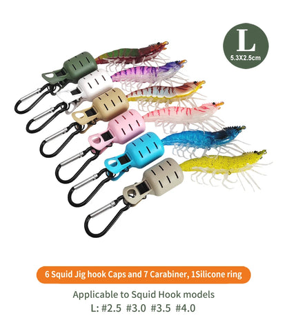 Squid Jig Bait Protector Kit - 6pcs Webfoot Octopus Egi Hook Covers with Carabiner for Cuttlefish Umbrella Lure Fishing Tackle